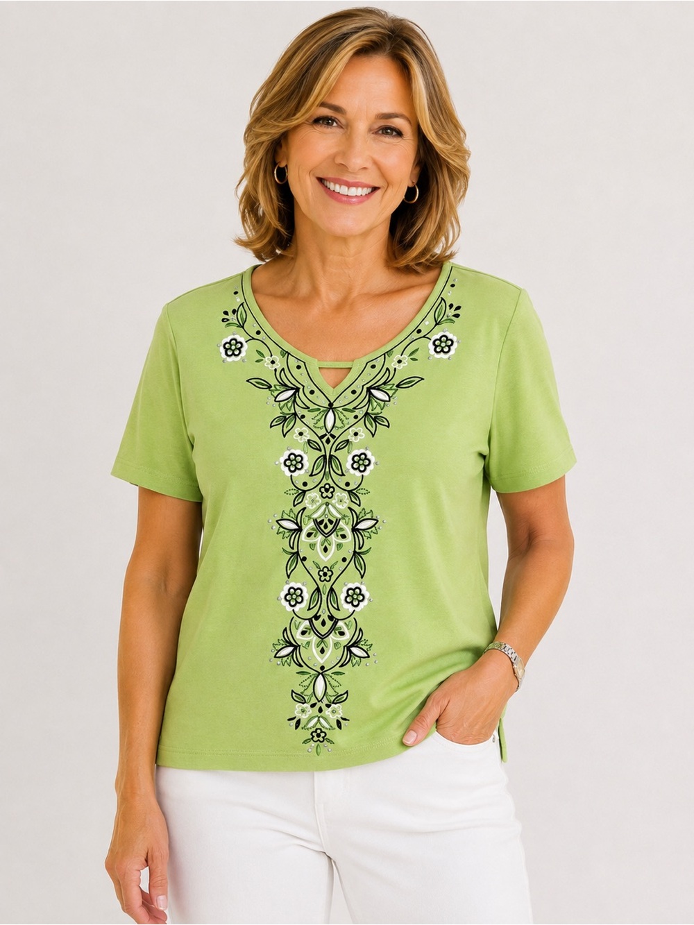 NWT Alfred Dunner PM Kiwi Green Embroidered Floral Rhinestone Top Petite M